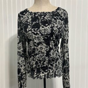Vanity‎ Black White Mesh Top Floral Rose Print Sheer Long Sleeve Lettuce Edge L